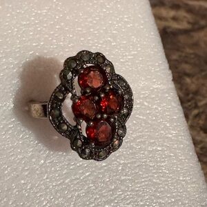Sterling Silver Ring Featuring a Cluster of Red Garnet Stones Marcasite Accents